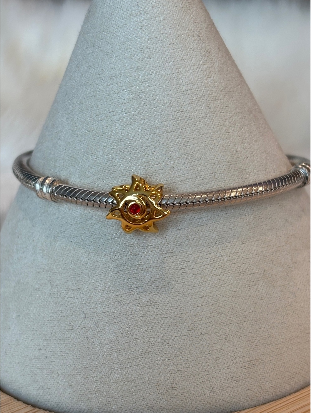 Pandora Gold and Silver Charm Bracelet with Red Gemstone Charm